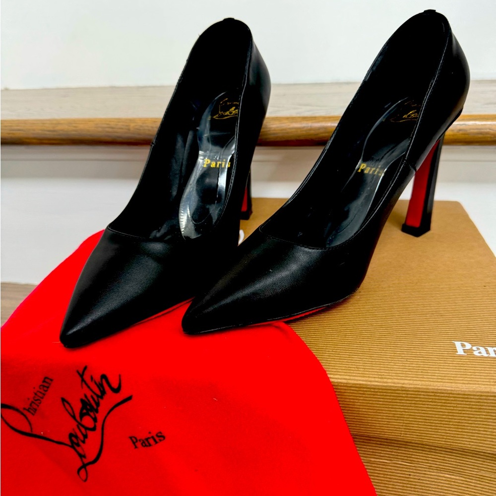 Christian Louboutin Black Leather Pointed Pumps with Red Soles